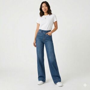 Spanx Front Seam Wide Leg Jeans Vintage Indigo Blue High Rise Pull On  XL